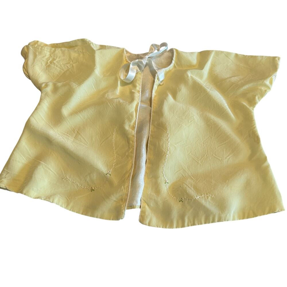 Vintage 60s Baby Shirt yellow silky embroidered unisex‎ tie neck